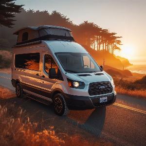 Ford Transit 350 HD extended camper van, van life in Mendocino at sunset-4